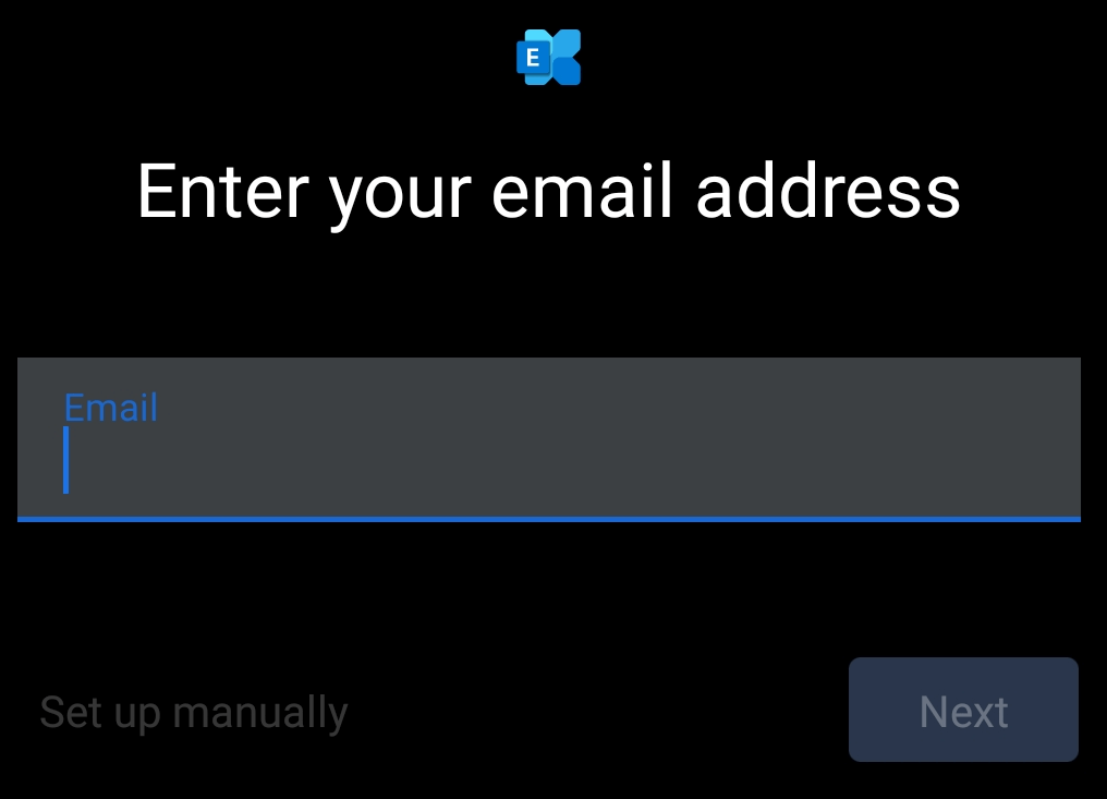 Android Exchange setup screen with an Email field and a Next button in the bottom-right