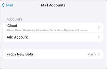 iPhone Mail Accounts screen showing existing iCloud account and an Add Account row