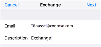 Exchange account setup screen with Email and Description fields filled in